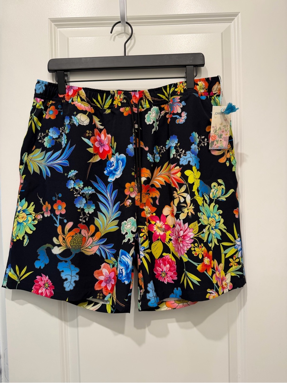Johnny Was Dreamer Black Floral Print Swim Trunks